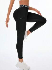 New Arrival Letter Waist Yoga Pants, Women'S Butt Lifting High Waisted Workout Leggings With Pockets, Black Side Pockets Design, Suitable For Outdoor Leisure, Fitness, Daily Wear Tights - Black - View 7