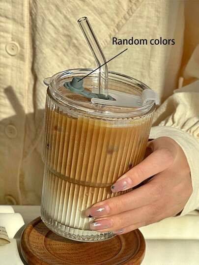 1pc Ins Style Striped Glass Coffee Cup With Lid And Straw, Portable And Simple Style Cup For Water, Tea Or Coffee, Comes With A Round Shape, With A Capacity Of 400 Ml.