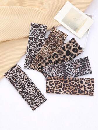 6 件装女孩豹纹弹力复古头巾头带，织物运动瑜伽吸汗带