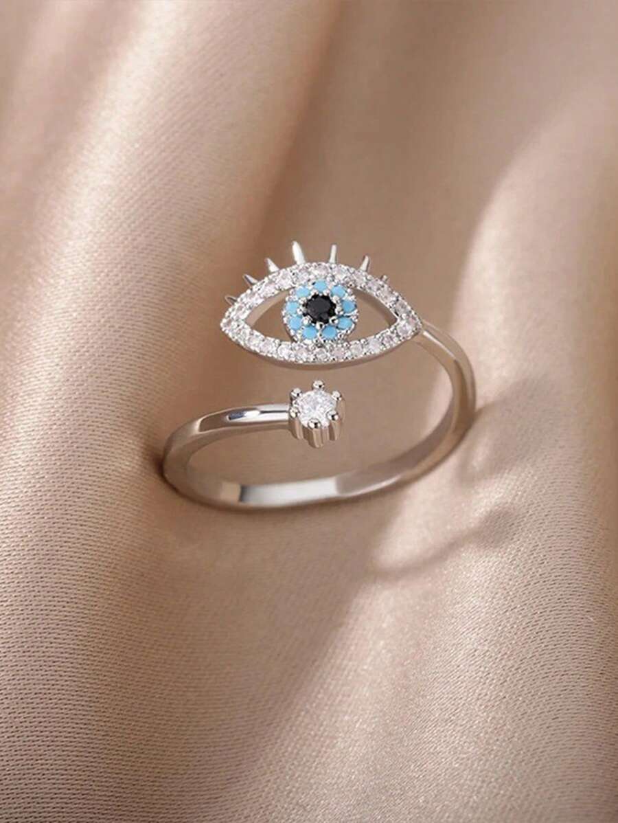 1pc moda zircônia cúbica demônio olho decoração anel aberto, adequado para uso diário feminino - Prata - Ver 1