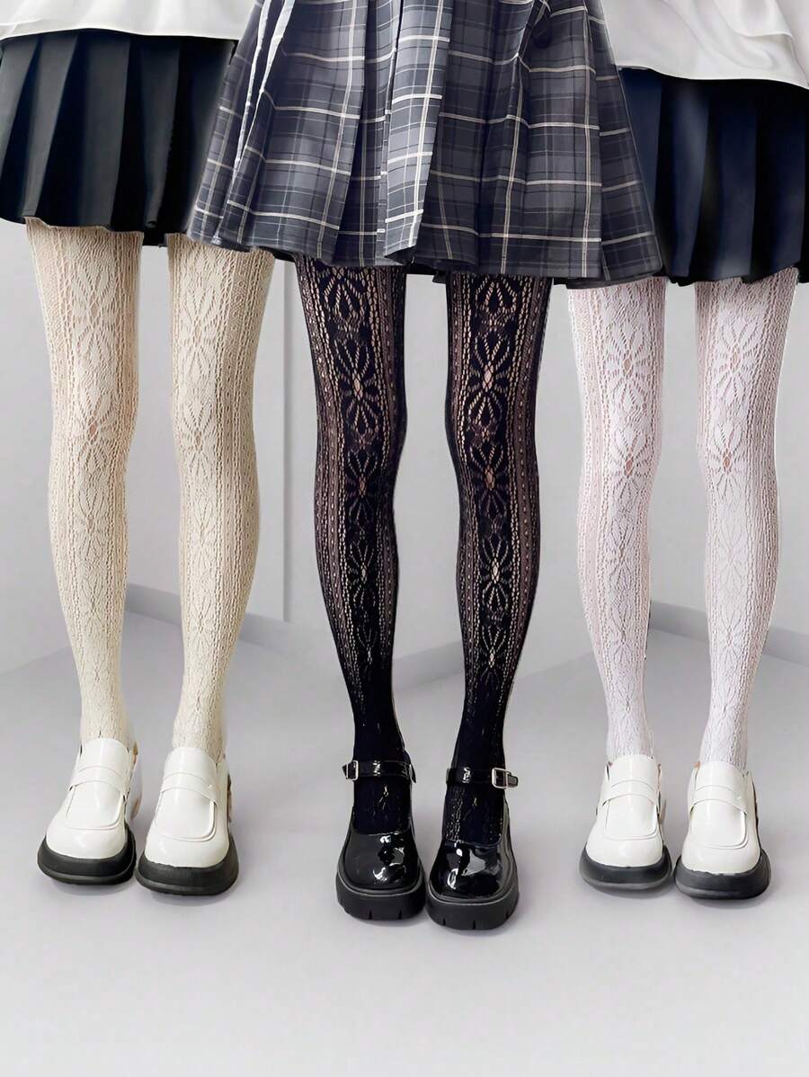 3pcs/Pack Kids Solid Color Jacquard Fishnet Leggings/Tights - Multicolor - View 1