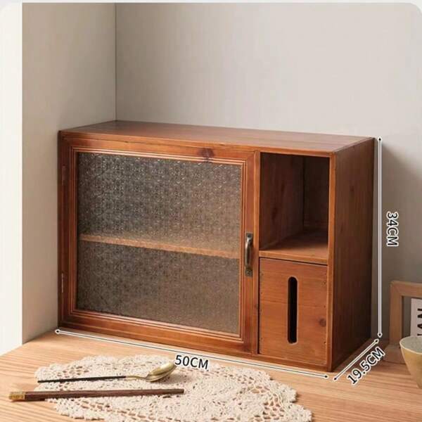 Estantería escalonada de estilo Zakka de madera con caja de pañuelos, caja de almacenamiento de mesa retro de madera para juego de té, taza, gabinete antipolvo