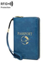 MIYIN RFID Blocking Passport Cover Card Holder With Card Slot ID Window,Solid Color PU Letter&Airplane Pattern Portable Passport Clip Ticket Clip Bank Card Bag Versatile Zippered Mobile Phone Travel Passport Wallet For Men And Women, With Wrist Strap,For Travel Flight Go Abroad For Business,Passport Holder Passport Case Passport Bag Travel Accessories Back To School Stuff (Peacock Blue)