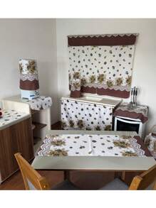 Kitchen Set Kit 10 Printed Pieces Window Curtain Table Runner Sink Curtain Tea Towel Placemat - flores marrom - 查看 6
