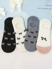 4 Pairs Of Women's Short Socks With Bow Pattern, Simple And Versatile, Boat Socks For Spring And Summer, Soft, Comfortable And Breathable, Suitable For Daily Wear - Multicolor - View 2