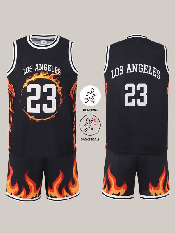 2pcs Tween Boys' Summer Letter Print Crew Neck Tank Top & Shorts Set, For Daily Casual, Sports, Souvenir