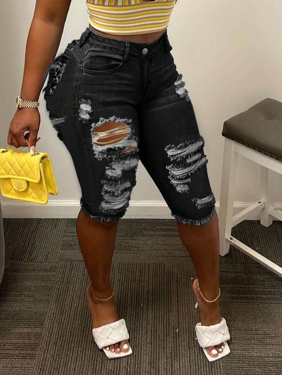 Women's Casual Distressed Raw Hem Denim Shorts With Pockets - Black - View 1