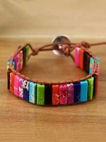 Bohemian Style Square Stone Beaded Multi-layer Braided Pu Leather Bracelet For Women - 1 - View 6