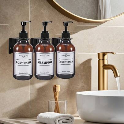 WCIC مجموعة موزع شامبو ومنعم بسعة 16.9 أونصة ذو لون بني لامع، مع أقواس تثبيت على الحائط وثقب للتركيب، زجاجات مضخة للغسول، موزع صابون الاستحمام مع ملصقات، بلاستيك، قابل لإعادة التعبئة - موزع صابون الأطباق والشامبو والمنعم وغسول الجسم للحمام والحائط، عودة إلى المدرسة