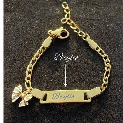 Customized Stainless Steel Laser Engraved Personalized Name Cute Bow Bracelet, Exclusive For Girls, Unique Gift, Fashionable Casual And Cute, 2000s Fashion Custom For Babies, Minimalist, Colorful, Modern, Adorable Kawaii, Likable, Exclusive Collection, Baby Gift ,Travel Organizer