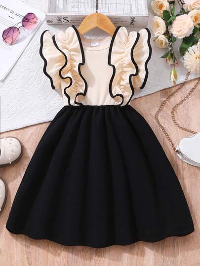 Young Girl' Fashion Ruffle Patchwork Casual Dress, Suitable For Outdoor & Daily Casual Occasions