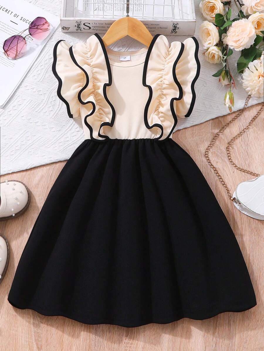 Young Girl' Fashion Ruffle Patchwork Casual Dress, Suitable For Outdoor & Daily Casual Occasions - Apricot - View 1