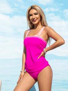 2pcs Women Tankini Set With Tummy Control, Square Neckline Modest Swimwear, For Summer Beach Vacation