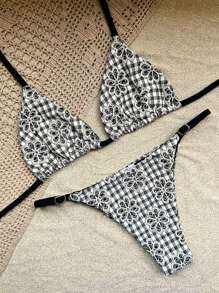 Bikini Set With Adjustable Lace-Up Straps, Vichi Texture, Lined, Hole And Cup - Đen và trắng - Xem 3