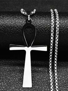 Colar Amuleto Religioso Goth Egípcio Cruz Ankh Chave da Vida em Aço Inoxidável na Cor Preta