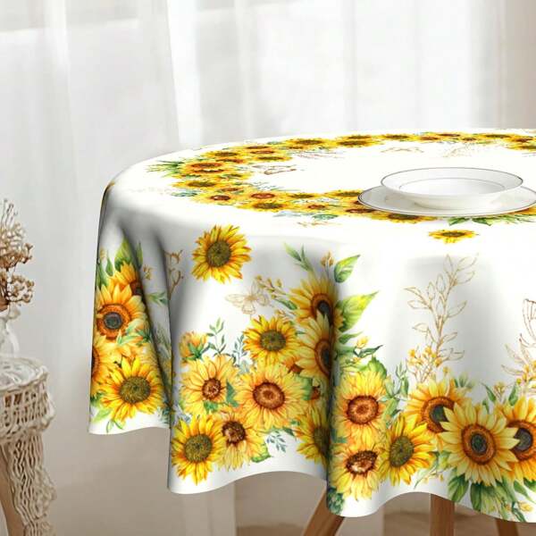 1pc Vintage Sunflower Tablecloth, Floral And Butterfly Pattern Design Suitable For Living Room, Kitchen, Patio Dining Decor, Tapestry, Curtain Decor, Multi-Purpose Use