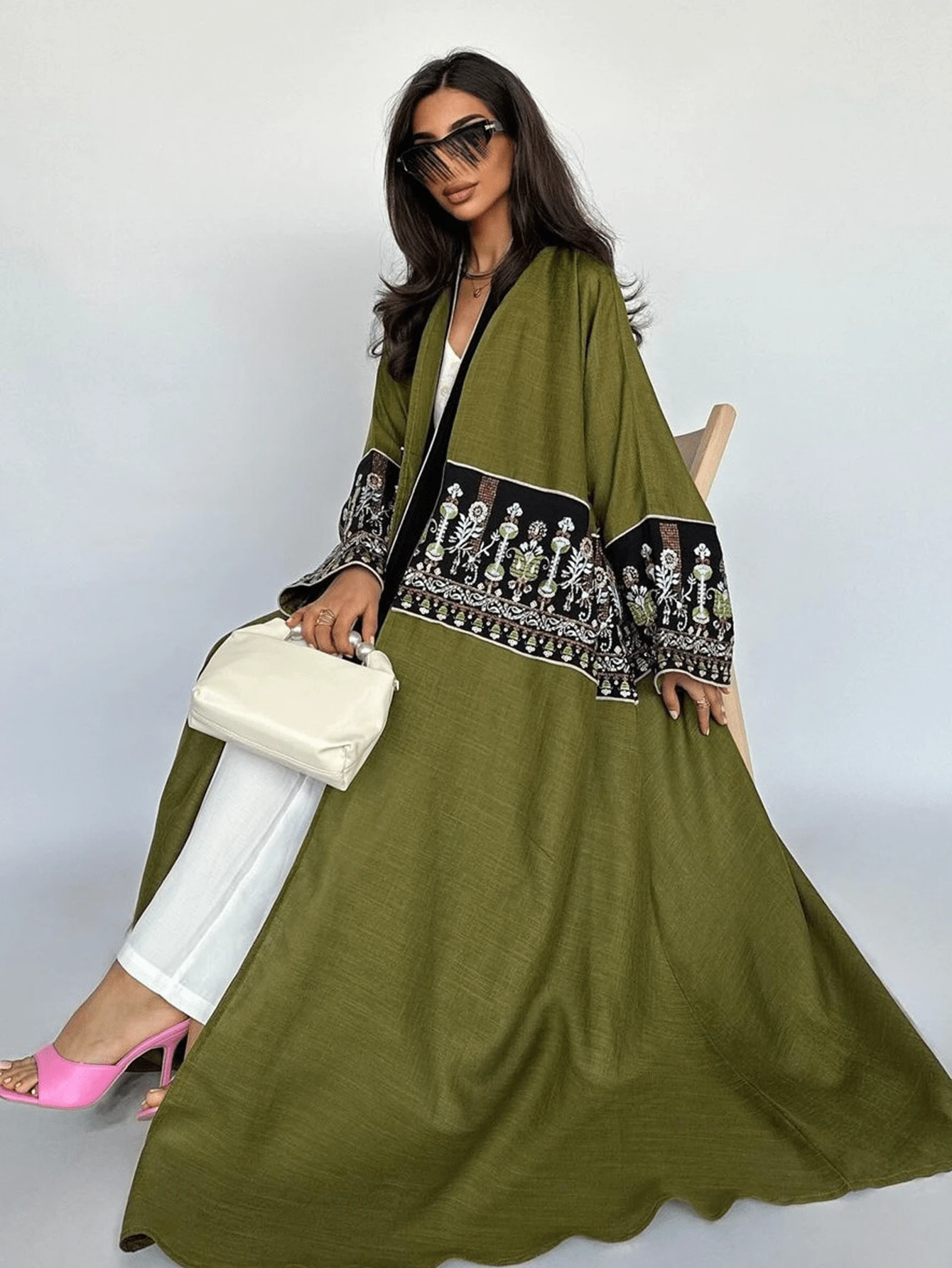 High-End Custom Embroidered Dubai Abaya, Black Open-Front Loose Long Robe For Women, Modest Kaftan