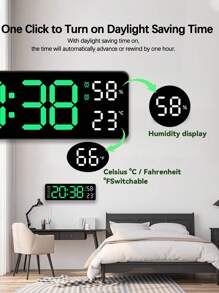 1 现代多功能静音大屏幕 LED 挂钟，带时间、日期、温度和湿度显示，矩形大字体闹钟房间装饰时钟墙壁卧室装饰宿舍装饰返校学校装饰学校惊喜 - 彩色 - 查看 11