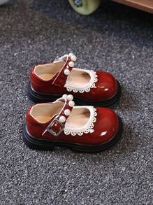 1 Pair Children's Fashion Princess Shoes, PU Large Surface Anti-Slip Outsole, Shoelace With Pearl And Rivet Decoration, Adjustable Buckle Design, High Elasticity Soft Insole - Hot Pink - View 6