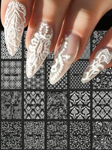 30 Sheets European Style Flower Embossed 3D Nail Art Stickers & Decals(White),Self-Adhesive White Lace Foral Vine Relief Design Nail Art Stickers,Asymmetrical Geometric Shapes Glitter Embellishment,Spring And Summer Flower Nail Art Decorations For Women And Girls