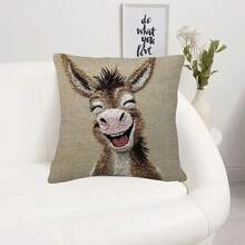 1 Peça Capa de Almofada de Veludo de Poliéster Pêssego, Estampado com Pintura em Aquarela Caprichosa de um Burro Sorridente - Impressão Única Face, Não Bordada, Estilo Country, Com Zíper, Lavável em Máquina, Adequada para Decoração de Sofá e Cama, Medida 45x45cm