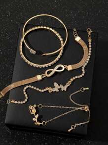 5pcs Set Of Fashionable, Simple, Exquisite, Elegant Butterfly, Heart, Flower, Tulip, Water Drop Rhinestone Studded, Sparkling Infinity Symbol Charm Bracelets, Suitable For Festivals, Parties, Dates, Gifts