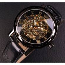 T-WINNER Winner Black Gold Male Clock Men Skeleton Men Watches Top Brand Luxury Leather Wristwatch Men Mechanical Watch