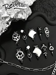 10-Piece Pressing Nails, Almond-Shaped Nails, Four-Season Nail Art, Fake Nails, Dark Black-Bottom Cat Claw Nail Art Diy Color Block Pattern Design Three-Dimensional Black And White Cat Claw Cat Head, Three-Dimensional Simulation Capsules Nail Supplies Nails - Multicolor - View 3