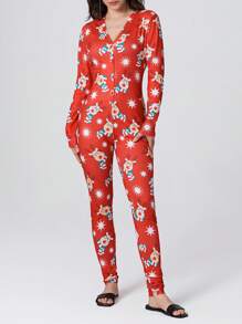 Women 2025 New Fashion Jumpsuit Buttons V Neck Long Sleeve Cartoon Printed One-Piece Clothes - 紅色 - 查看 1