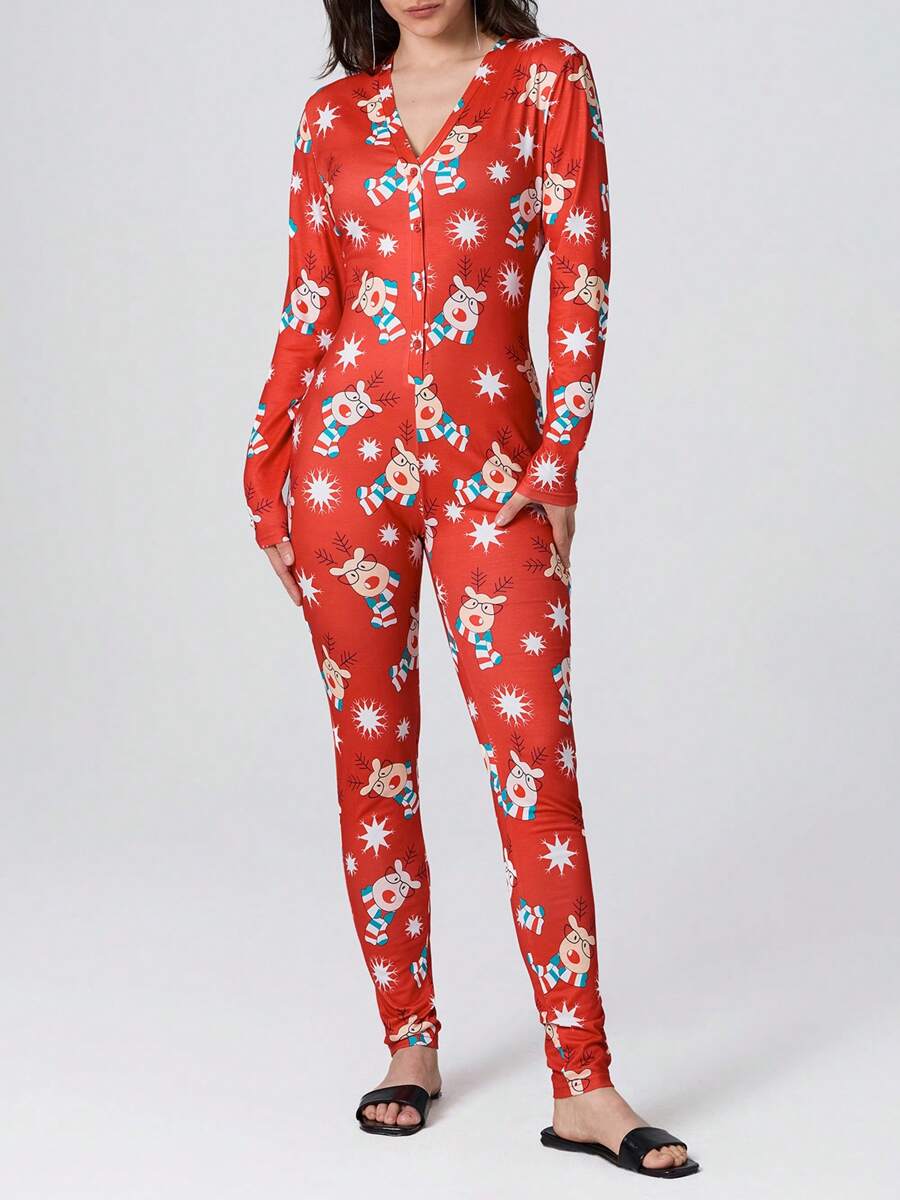 Women 2025 New Fashion Jumpsuit Buttons V Neck Long Sleeve Cartoon Printed One-Piece Clothes - 紅色 - 查看 1