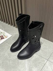 女童镂空刺绣西部牛仔靴，新款时尚中性儿童复古中筒靴，百搭马靴 - 黑色 - 查看 10