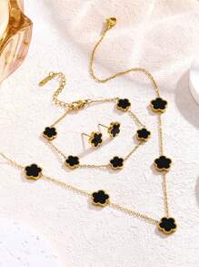 3pcs Women Fashion Elegant 5-Leaf Flower Bracelet, Necklace, Earrings Set, Stainless Steel Non-Fading, Suitable For Daily Wear, Good Gift For Friends