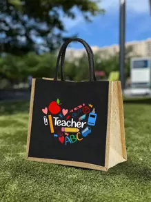 2 Pieces Teacher Appreciation Gift Set - Large Capacity Fashion Tote Bag With "Teacher" Print, Black Linen Coin Purse, Cosmetic Bag, Lining, And No Closure - Perfect For Educators And School Staff, Teacher's Thank-You Gift, Stylish Casual Accessories For Outings, Vacations, Daily Commute, Thank You Teacher Gifts - Black - View 8