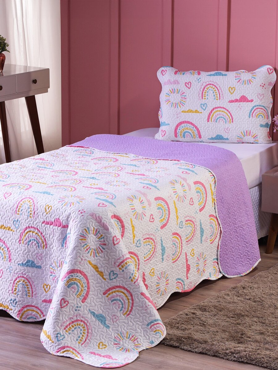 2-Piece Single Double-Sided Printed Teen Kids Bedspread Bedspread Kit With Pillowcase - Purple - View 1