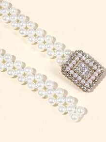 New Fashion Girls White Crystal Flower/Square Buckle Decoration Elastic Waist Dress With Pearl Waist Chain, Elegant & Stylish - Square Buckle - View 7