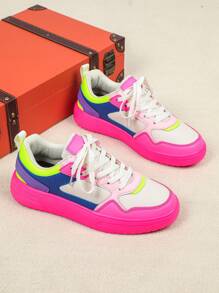 Fall/Winter Stylish Outdoor Skateboarding Shoes, Fashionable Dopamine-Inspired Color Blocking Design In Pink, Blue And Red, Elegant Sensitive Rubber Sole, Lace-Up Closure, Round Toe, Low-Top, Multi-Purpose, Suitable For Gift, Casual, Party, Women Athletic Sneakers - Pink Blue Rose Red - View 7