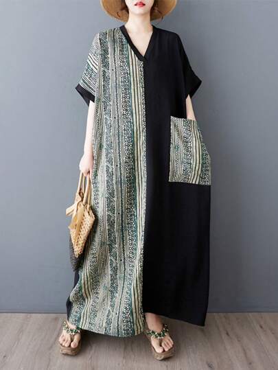 上衣,2025夏季女装大码V领短袖拼色宽松条纹大口袋连衣裙,波西米亚风休闲度假连衣裙,女士优雅度假连衣裙,