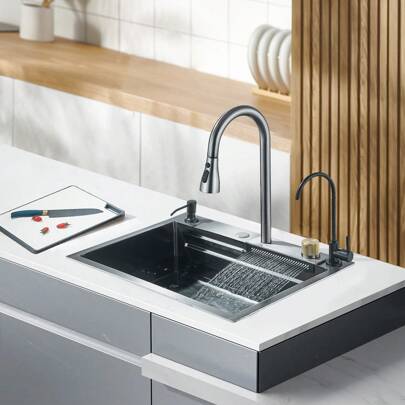 Gun Grey 24"X18" Kitchen Sink Kitchen Sink Faucet Large Single Sink Stainless Steel