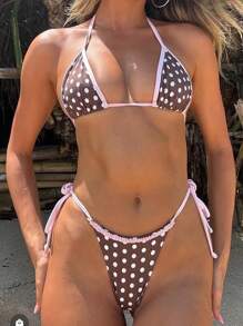 2pcs/Set Sexy Cute Polka Dot Print Tie Sides Bikini Set Ruffle Trim Halter Neck Swimwear For Summer Beach Vacation, Contrast Binding 4th Of July Swimsuit