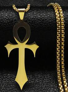 Colar Amuleto Religioso Goth Egípcio Cruz Ankh Chave da Vida em Aço Inoxidável na Cor Preta