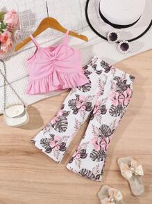 2pcs/Set Baby Girls Spring/Summer Casual Daily Wear Solid Color Camisole Top + Floral Print Flare Pants - Pink - View 2