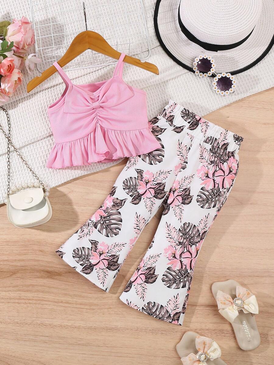2pcs/Set Baby Girls Spring/Summer Casual Daily Wear Solid Color Camisole Top + Floral Print Flare Pants