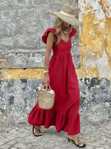 Vestidos de primavera y verano para mujeres, vestido de vacaciones rojo, moda casual, vestido sencillo y cómodo sin tirantes, diseño elegante con mangas de vuelo, vestidos largos para mujeres