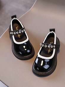 Zapatos de princesa con rhinestones de niña, nuevos diseños 2025 para fiestas con cristales, zapatos planos - Negro - Ver 1