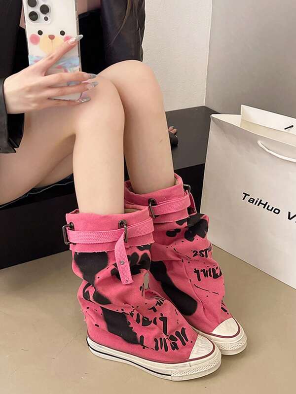 Fashionable Design, Graffiti, Belt Buckle, High -Top Shoes Women, 2024 New Models, Versatile, Sports Shoe Pants, Pile Of Boots