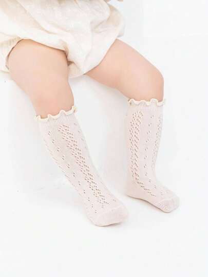 1ペア 女の子 無地 フリル かぎ編み 通気性抜群 ミドル丈 ソックス