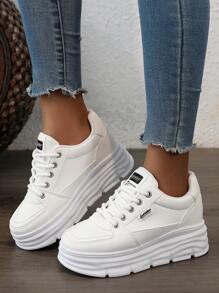 女式新款厚底厚底运动鞋，休闲皮革运动跑步鞋，秋季 - 白色 - 查看 10