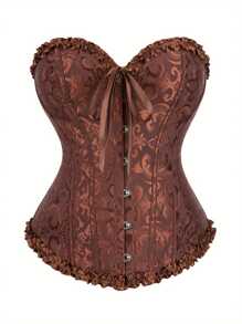 Women Tie Up Overbust Corset, Boned Ruffle Jacquard Bustier With Bow, Body Shaper - Brown - View 1