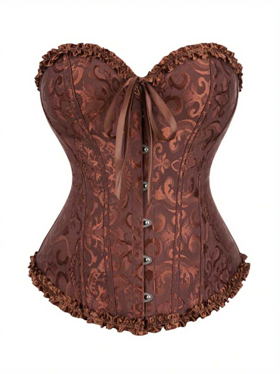 Women Tie Up Overbust Corset, Boned Ruffle Jacquard Bustier With Bow, Body Shaper - Brown - View 1