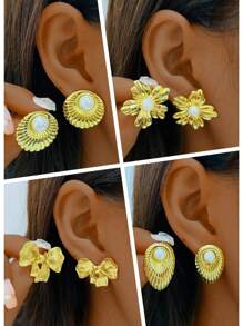 4 Pairs French Elegant Vintage Versatile 18K Gold Plated Floral & Geometric Faux Pearl Stud Earrings, Stainless Steel Hypoallergenic Fashionable Women Accessories, Suitable For Everyday Wear And Celebrations, Great Mother's Day & Valentine's Day Gift